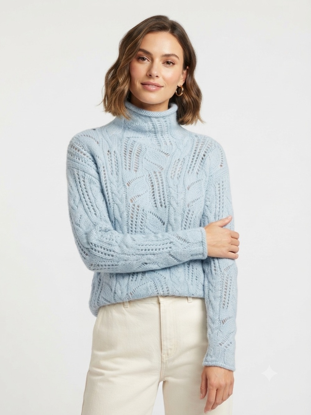Ice Blue Cable Knit Mock Neck Sweater Cottagecore Fishermancore Chunky Cozy